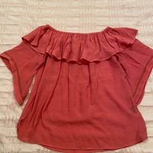 Harve Benard Red Ruffled Blouse with Short Sleeves